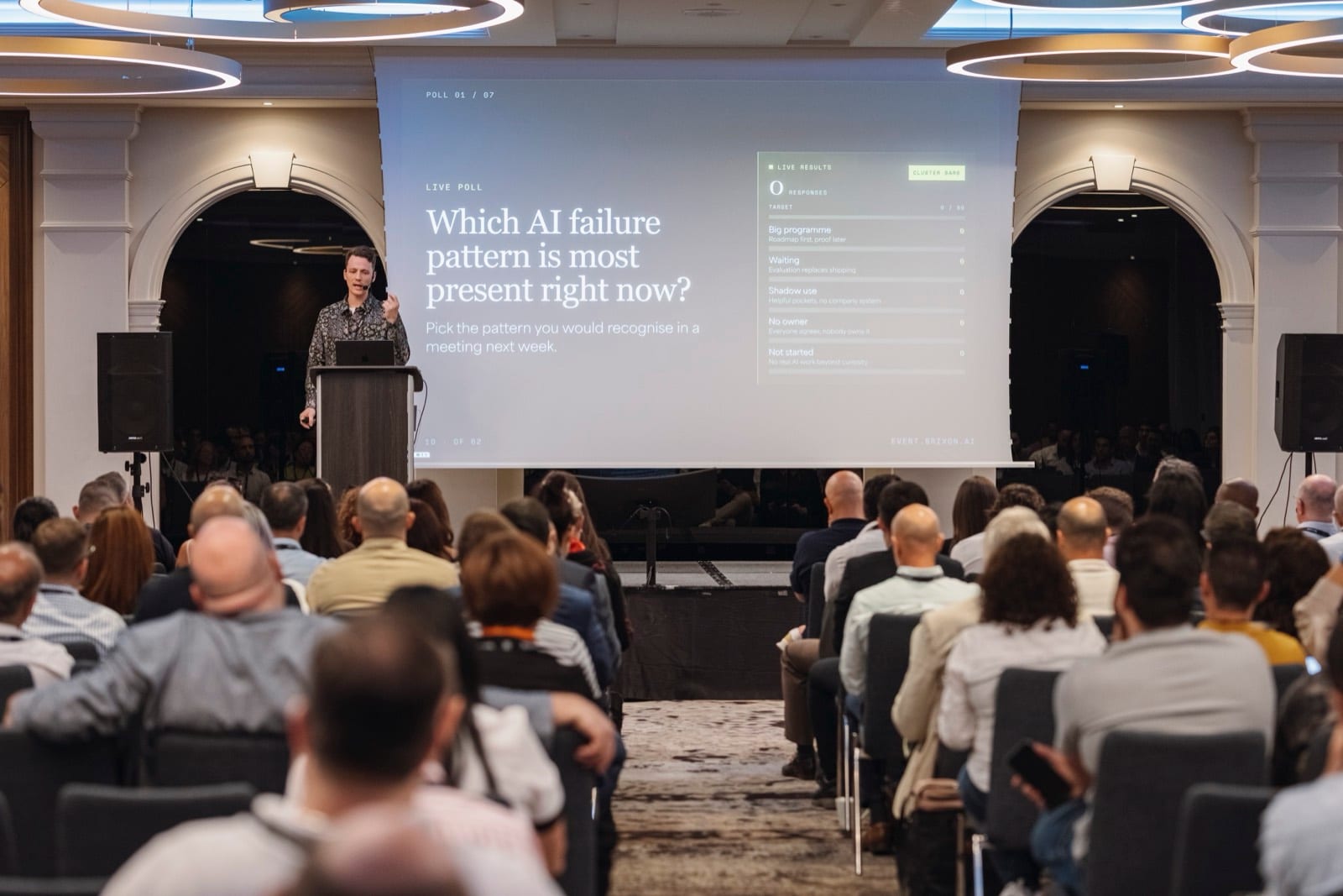 Audience at a B2B event raising hands during a live poll.